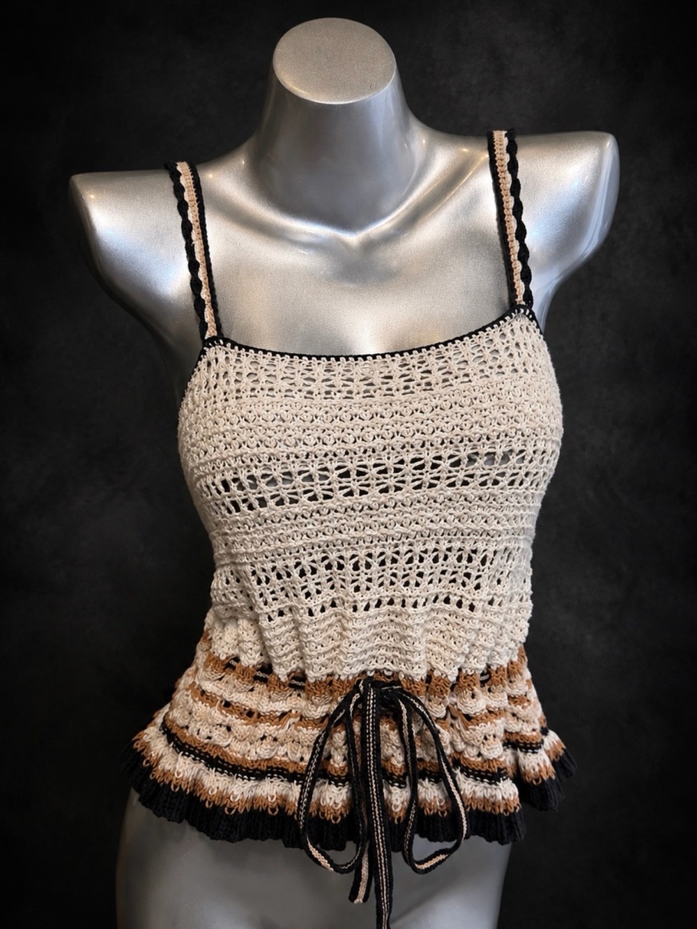 American Eagle crochet tank top drawstring peplum ruffle earthy‎ 100% cotton y2k